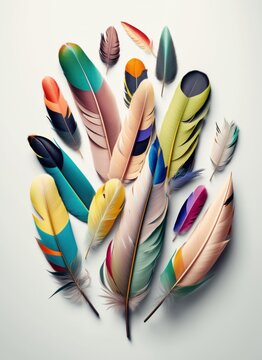 Top view illustration of colorful feathers on white background. Flat lay, overhead view. Concept for creativity. Generative AI.