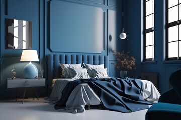 A modern bedroom interior in blue color