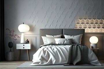 Cozy modern mock up design of bedroom interior have white side table, modern bed with white pattern wall background