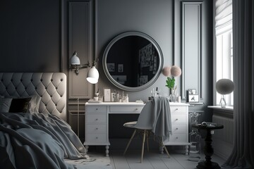Gray panoramic bedroom with makeup table