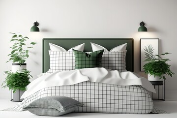Home bedroom interior mockup with bed, green plaid, pillows and plants on empty white wall background. 3D rendering