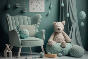 Stylish scandinavian kid room with toys, teddy bear, plush animal toys, mint armchair, umbrella, cotton balls. Modern interior with eucalyptus background walls, Design interior of childroom. Template