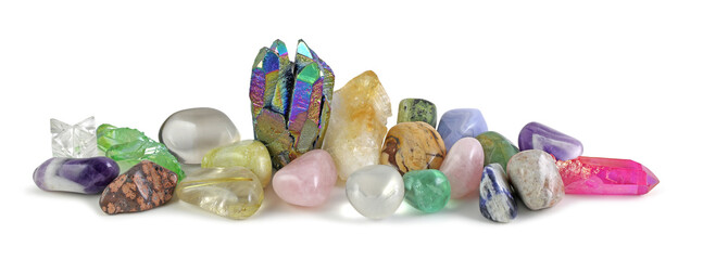 Rainbow Aura Quartz and Citrine surrounded by various tumbled healing stones and terminated quartz...