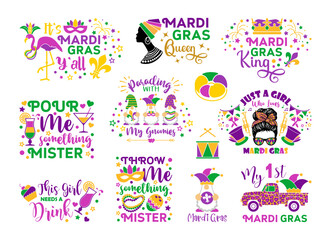 Mardi Gras carnival lettering quotes flat style. Collection mask with feathers, beads, jester hat, fleur de lis