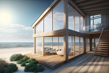 Modern wooden beach house. Generative AI.