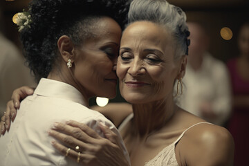 Fototapeta premium An older multi-racial lesbian couple dances at a wedding. Generative AI