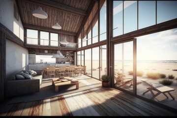 Fototapeta na wymiar living room in Modern wooden beach house. Generative AI.