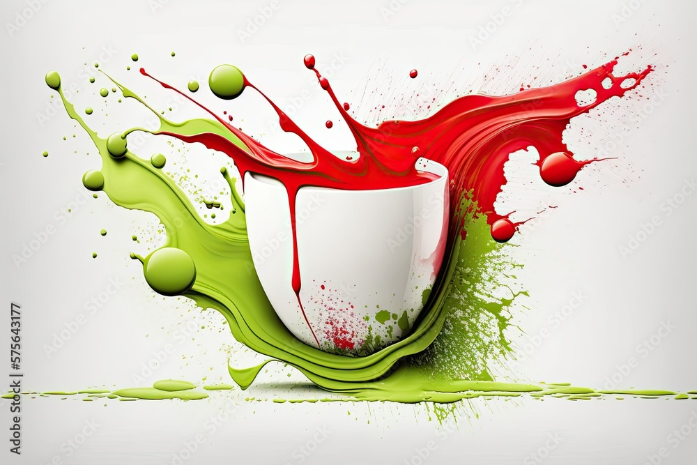 Poster ingenious design based on a cup of green tea and a white background. perspective from on high. gener