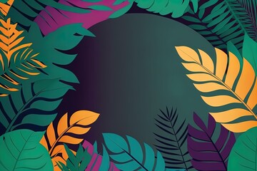 Fototapeta na wymiar Cartoon style tropical leaves frame on dark green background with empty space. Purple orange green jungle florals in digital art style for summer party design.