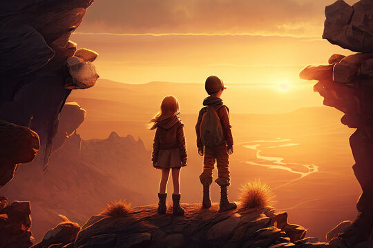 Boy and girl stand on rocky cliff and look at valley in sunset. Silhouettes of children against beautiful landscape. Romantic feelings and emotions of couple. Created with Generative AI