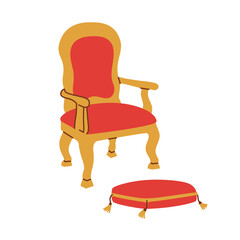 Red throne chair with foot pillow vector illustration. Ancient Kings сhair isolated on white background