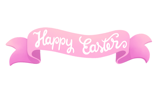 Pink ribbon with “happy Easter” lettering illustration, isolated on white or transparent png. Easter banner, hand painted.