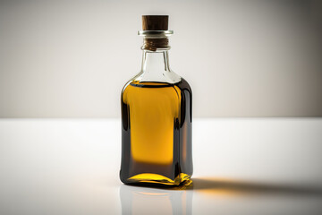 Illustration of a extra virgin olive oil in a small glass bottle on white background. Greek healthy ingredient 