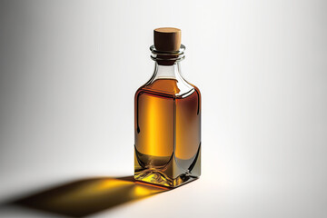 Illustration of a extra virgin olive oil in a small glass bottle on white background. Greek healthy ingredient 
