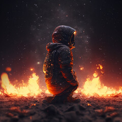 Astronaut standing near the fire, watching on the space. AI generated image