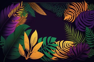Fototapeta na wymiar Cartoon style tropical leaves frame on black background with empty space. Purple orange green jungle florals in digital art style for summer party design.