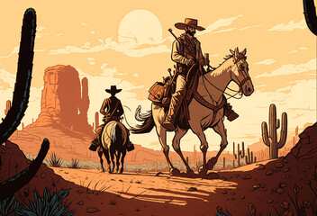 An animated retelling of classic western tales with cowboys, horses, and shootouts, illustration, cartoon - Generative AI - obrazy, fototapety, plakaty