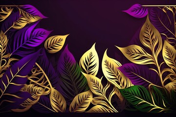 Modern style tropical leaves on black background with empty space. Purple golden jungle florals in digital art style for summer party design.