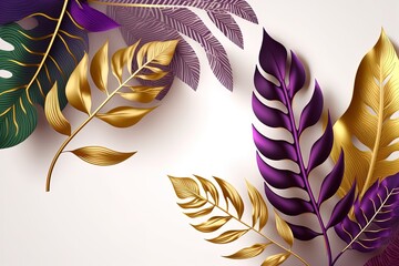 Modern style tropical leaves on white background with empty space. Purple golden jungle florals in digital art style for summer party design.