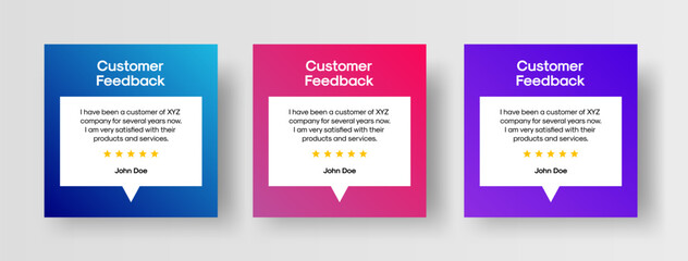 Customer Feedback Social Media Post Template. Set of Vector Design Templates for Customer Testimonial Review Showcase. Client Feedback Quote with Star Rating and Speech Bubble. - 575645302