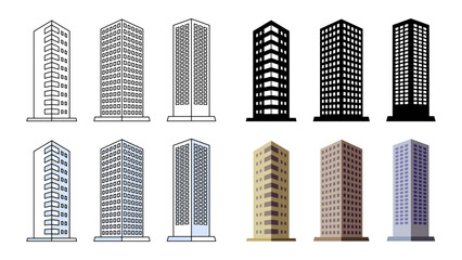 タワーマンション、都会のオフィスビル、高級ホテルの立体ベクターイラストアイコン素材セット - obrazy, fototapety, plakaty