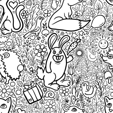 pattern with rabbits carrots birds seamless abstract background fabric fashion design print wrapping paper digital illustration texture wallpaper black and white coloring image 