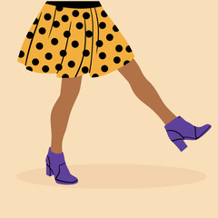 Women's legs in high heeled shoes and a funny, multi-colored, fashionable retro style skirt. Vector illustration in cartoon style