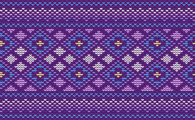 Design knit pattern vector, Cross stitch ethnic oriental background, Embroidery retro jacquard style, Purple pattern square native, Design for textile, fabric, carpet, rug, fibres