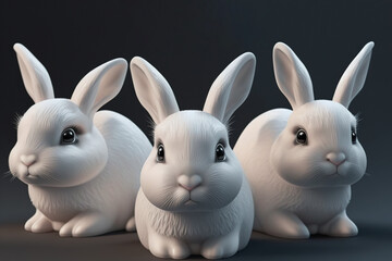 An adorable family of white decorative rabbits on a gray background. generation ai