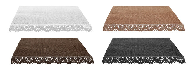 Colorful canvas napkins with lace, natural burlap runner perspective isolated on white set. Can used for display or montage product. Selective fokus