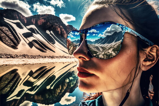 Sunglasses mirrored reflection of the wondrous mountain path and sunny sky portrayed by hiker woman in natural adventurous and nature exploring concept by Generative AI.