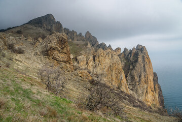 Rocks in Dead city. Khoba-Tele Ridge of Karadag Reserve in spring. Crimea