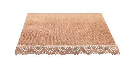Canvas napkin with lace, natural burlap runner perspective isolated on white. Can used for display or montage product. Selective fokus