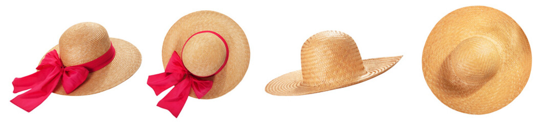 Pretty straw hats with ribbon and bow on white background. Beach hat top view isolated set