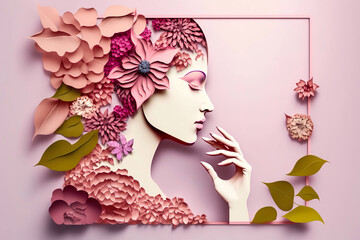 Fototapeta Paper art , Happy women's day 8 march with women of different frame of flower , women's day specials offer sale wording isolate , Generate Ai obraz