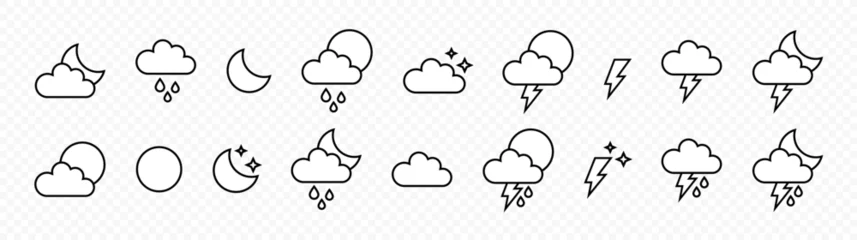 Schilderijen op glas Weather. Linear flat weather icons. Weather forecast icons isolated on transparent background. Vector graphic © Vlad Ra27