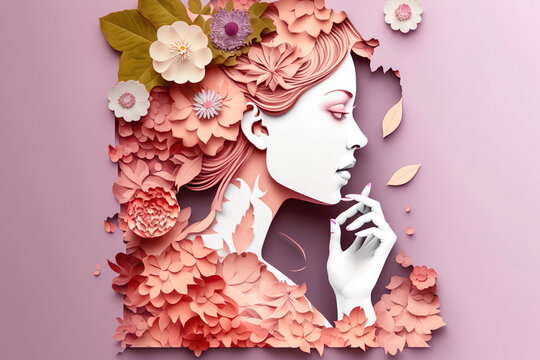 Paper art , Happy women's day 8 march with women of different frame of flower , women's day specials offer sale wording isolate , Generate Ai