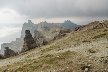 Bizarre rocks in Dead city. Khoba-Tele Ridge of Karadag Reserve in spring. Crimea