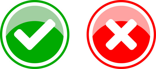 Yes and No or Right and Wrong or Approved and Declined Icons with Check Mark and X Signs with 3D Shiny Effect in Green and Red Circles. Vector Image.