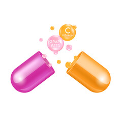 Drop purple grape seed solution serum and orange vitamin C in capsule. Use for face skin rejuvenation, beauty products medical concepts. Realistic 3D file PNG.
