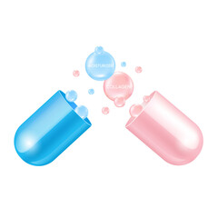 Moisturizer blue and collagen solution serum pack pink with capsule. Natural cosmetics lotion for face or body. Hyaluronic acid skincare ad. Beauty and medicine concepts. Realistic 3D file PNG.
