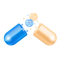 Minerals Calcium Ca and Magnesium Mg for health. Pharmaceutical Capsule with minerals blue, cream. Medical and dietary supplement health care concept. Realistic 3D file PNG.