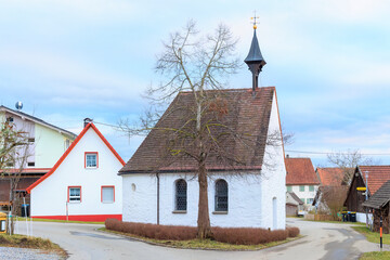 Saint Anthony Chapel at a crossroads in Gaishaus near Ravensburg in Baden-Wuerttemberg on a cloudy...