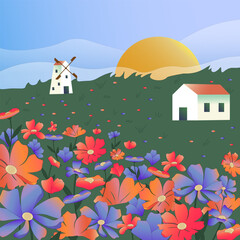Summer flower landscape with a windmill and a house. Multi-colored flower field. Illustration from rural life. Vector drawing in a flat style with gradients. Illustrations for banners, backgrounds