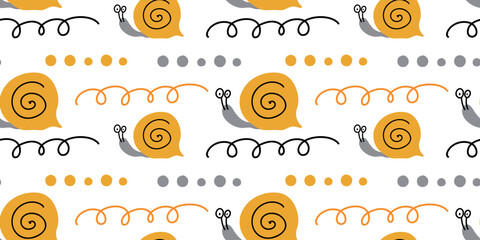 Snails cartoon. Children's seamless pattern vector. Funny snail pattern. Pattern for baby clothes, newborn clothes, baby cards, children's books. © Alina