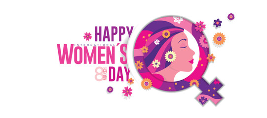 INTERNATIONAL WOMEN S DAY Greeting Card. Woman face in profile with pink hair inside purple, red and pink female symbol with flowers coming out of the circle on white background. Vector image