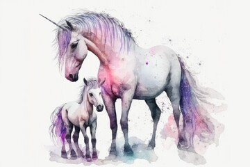 Mommy and her newborn unicorn with a pink mane stand out against a white background. Ink and watercolor paintings. Template. White steed. Clip art example. Generative AI