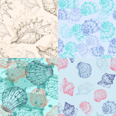 Set Seamless pattern background with abstract shell ornaments. Hand drawn nature illustration of ocean.