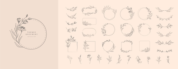 Set of floral design logo elements. Wreath borders dividers, frame corners and minimalist flowers branch. Hand drawn line wedding herb, elegant leaves for invitation save the date card. Botanical - 575648342
