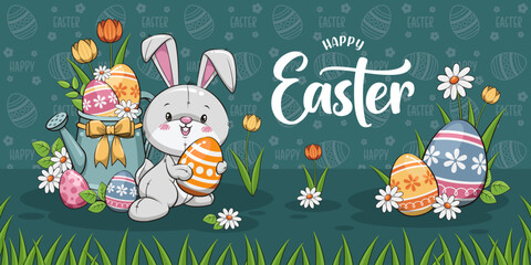 Easter Poster And Banner With Cute Bunny Rabbit, Eggs, Tulips, And Watering Can Pot. Cute Cartoon Illustration